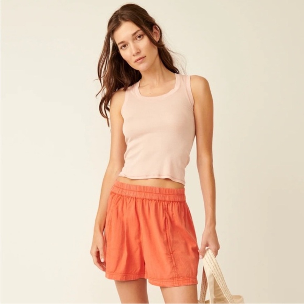 Free People High Waist Beach Shorts in Coral Orange